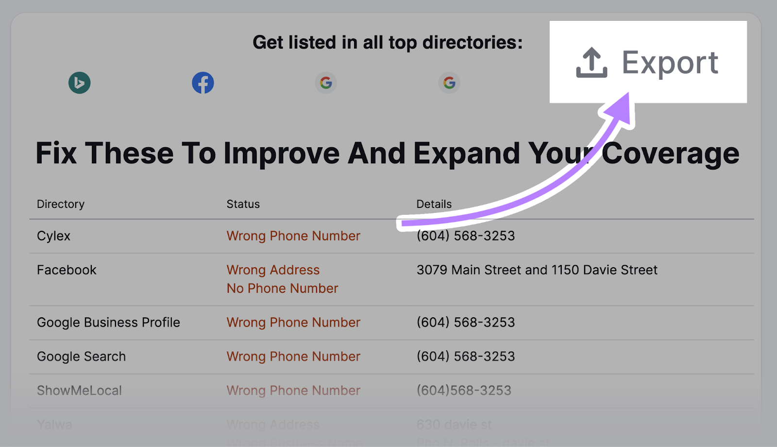 "Export" button highlighted in Listing Management tool