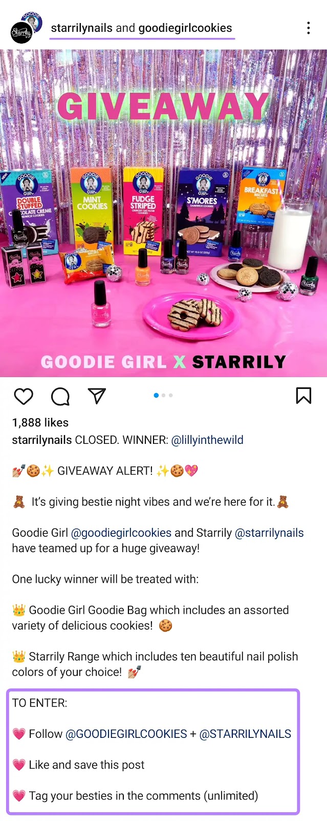 An example of Instagram giveaway by Goodie Girl and Starrily, in which participants have to follow both accounts in order to participate
