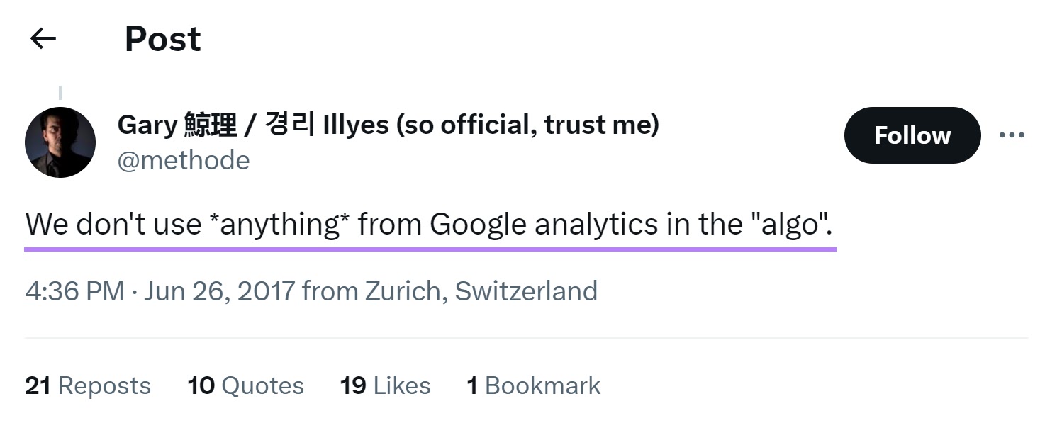 @methode's post on X saying "We don't use anything from Google analytics in the algo."