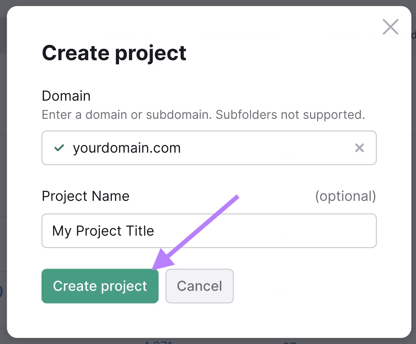 "Create a project"in the site audit tool