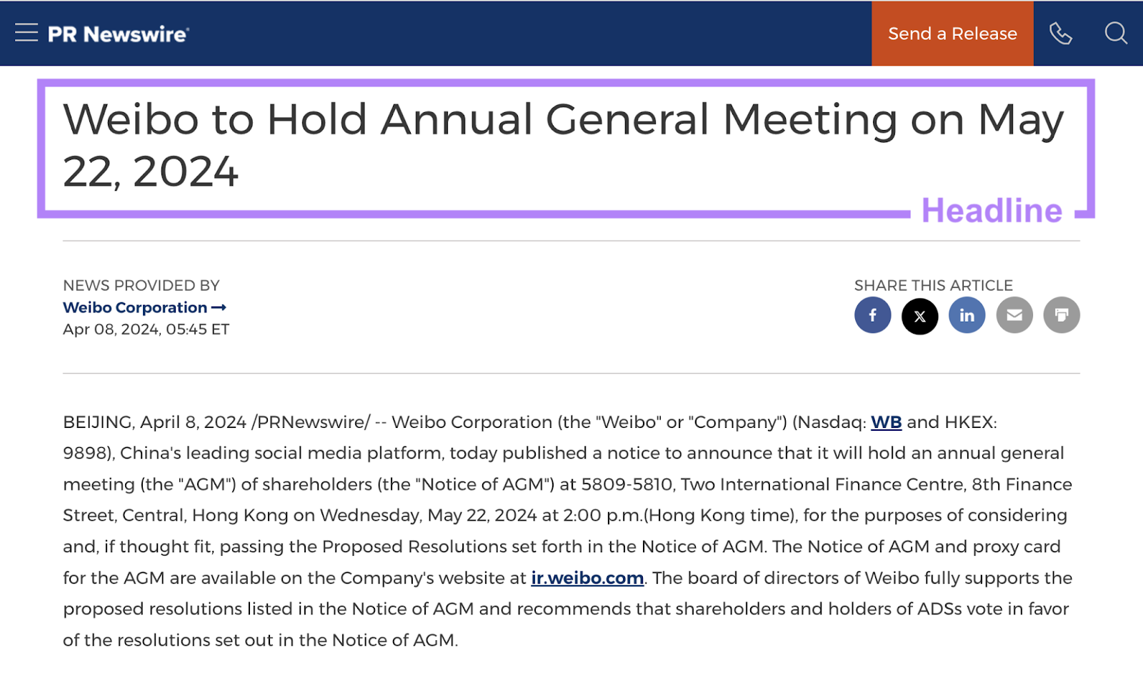 press release headline says "weibo to hold annual general meeting on may 22, 2024"