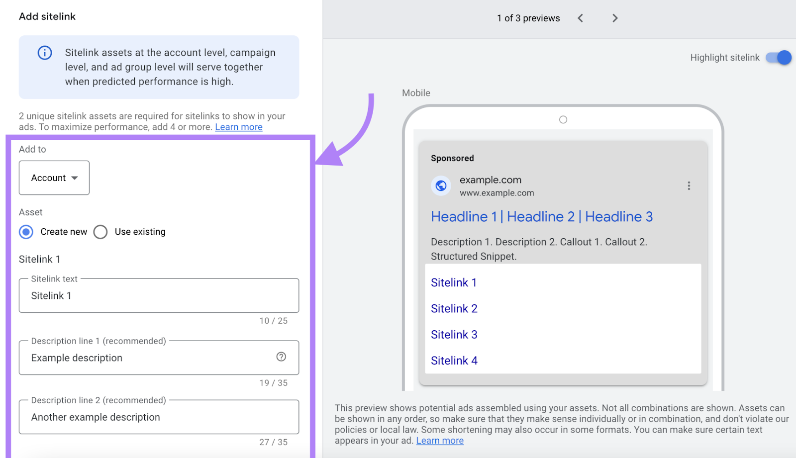 adjust sitelinks settings before saving changes