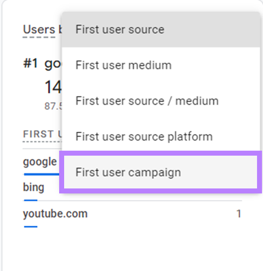“First user campaign" dimension selected from the drop-down menu
