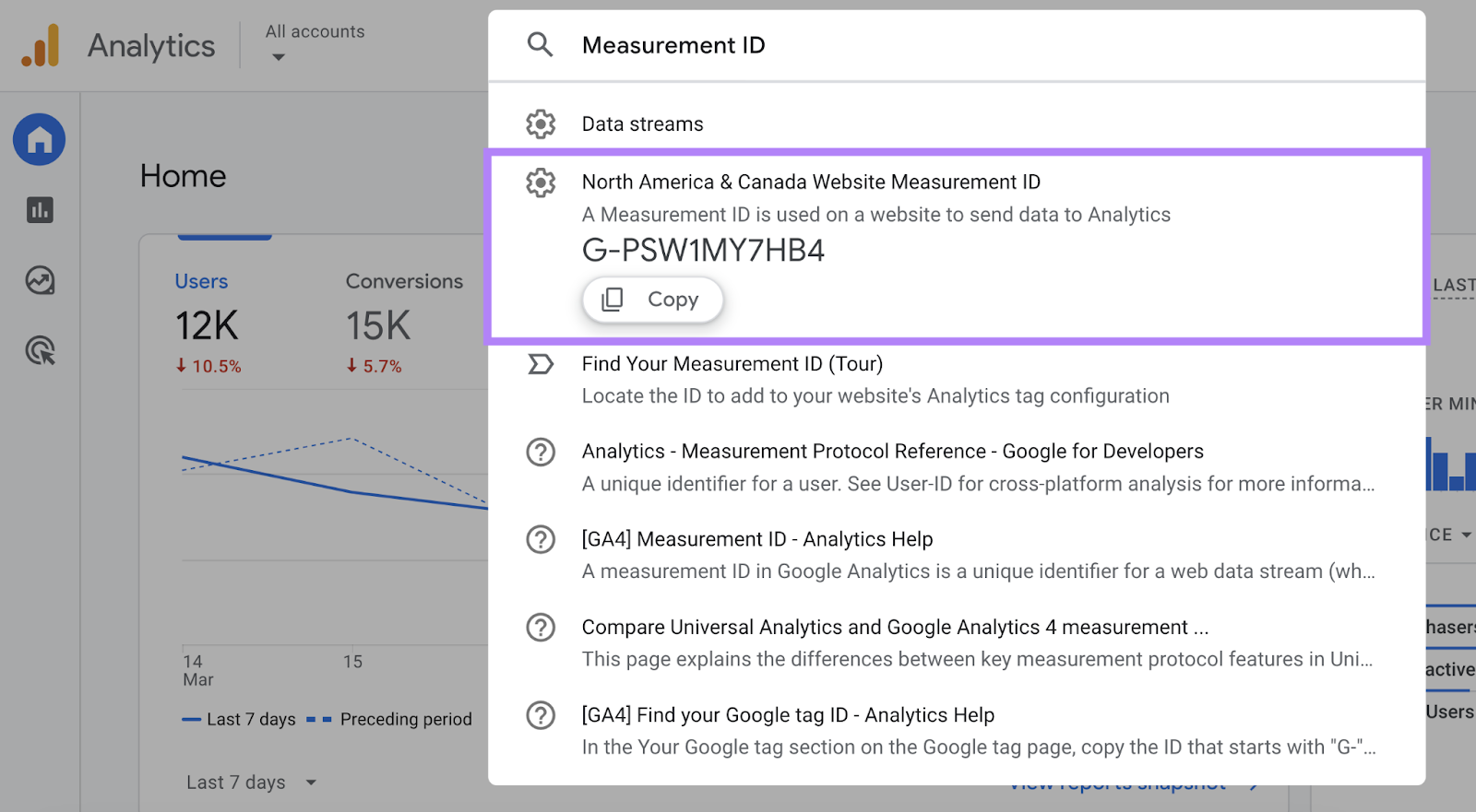“measurement ID” in the GA search bar and the relevant result highlighted