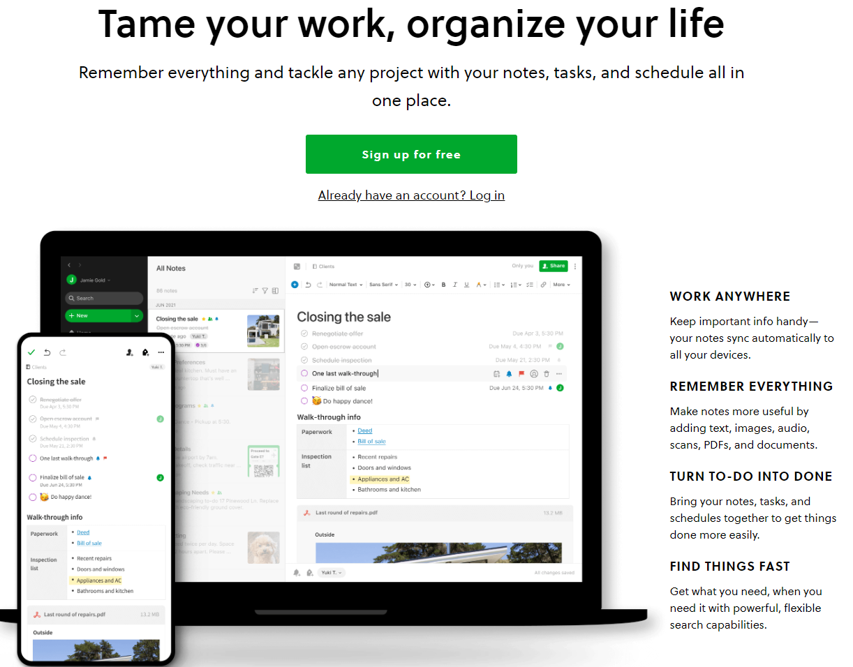 Evernote landing page with UVP