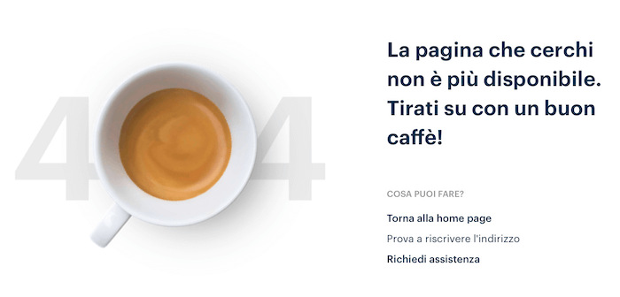 pagina 404 personalizzata Lavazza per un contenuto che non c’è più