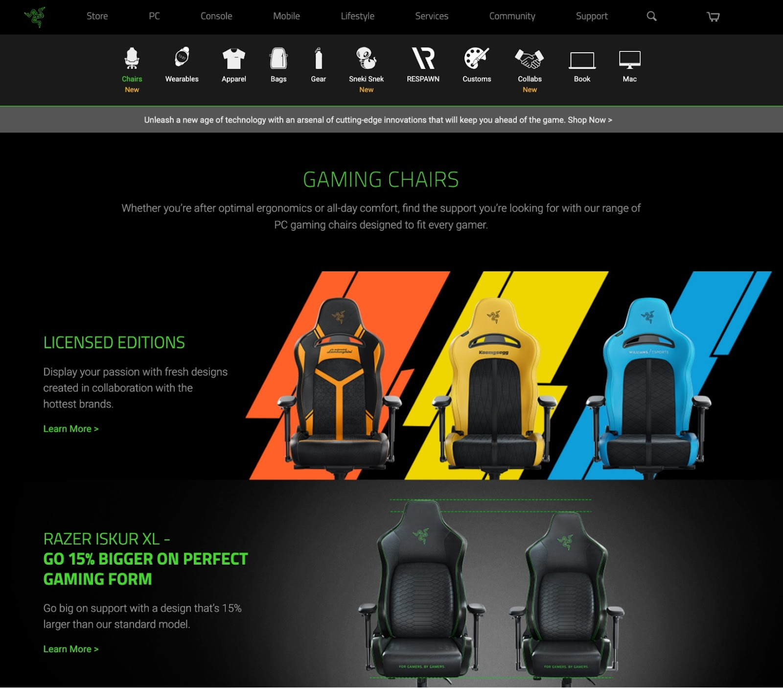 Landing leafage   by Razer selling gaming chairs successful  achromatic  and green, orange, yellow, and bluish  designs.