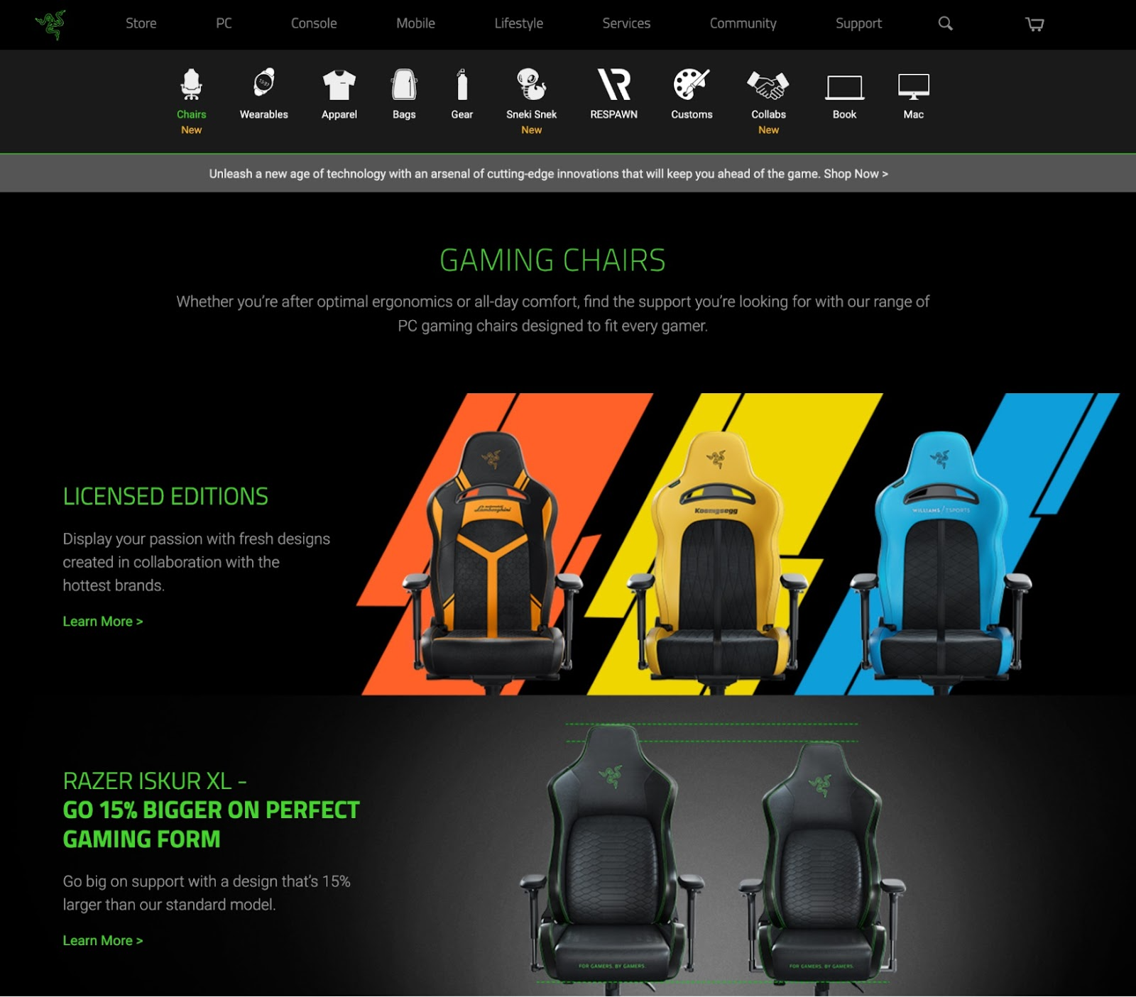 Page d'accueil par Razer vendant des chaises de jeu en noir et vert, orange, jaune et bleu.