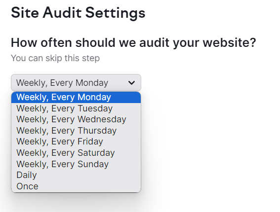 Site Audit Settings schedule page