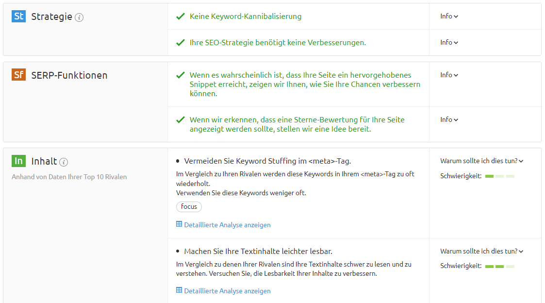 Screenshot: Vorschläge im On Page SEO Checker