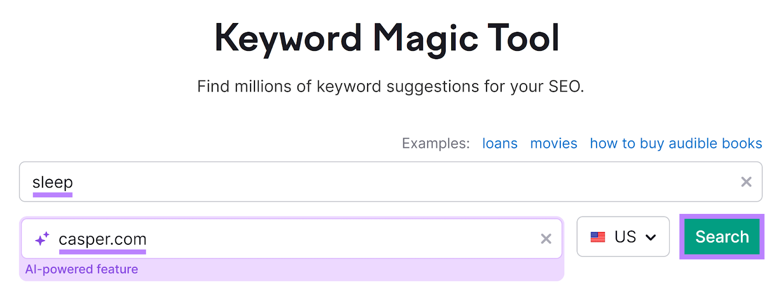 What Is a Marketing Funnel: Stages & Targeting Strategies 13 Semrush Keyword Magic Tool start with keyword and domain entered and Search button highlighted
