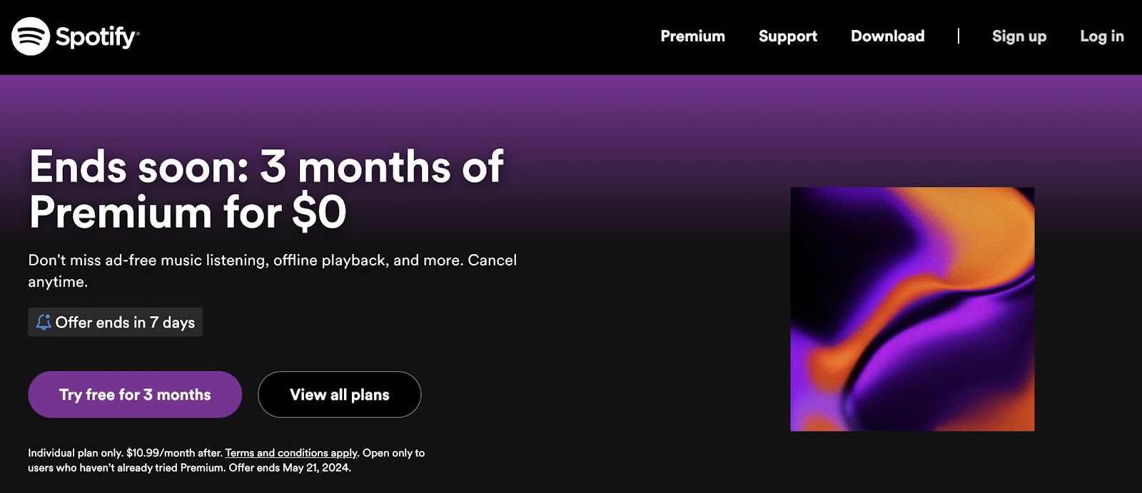 Spotify Premium landing page with 3 month $0 offer alongside abstract purple and orange swirl