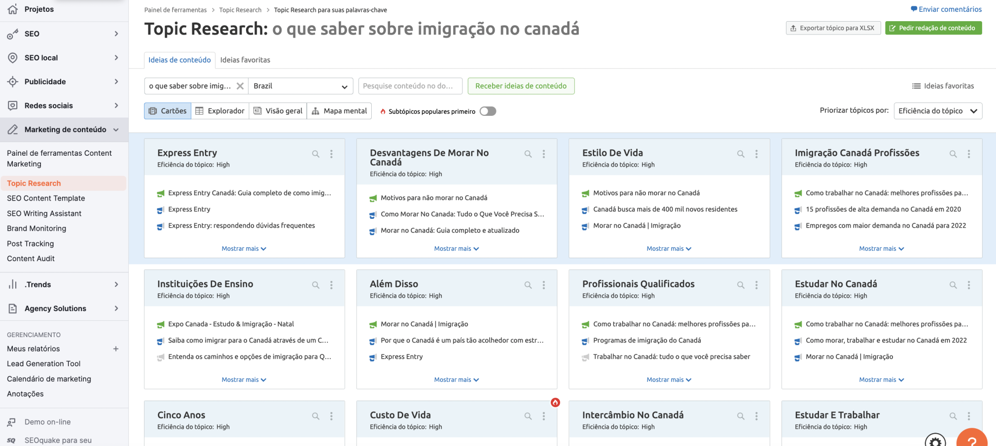 tela da ferramenta Semrush Topic Research com a palavra-chave "o que saber sobre imigração no Canadá"