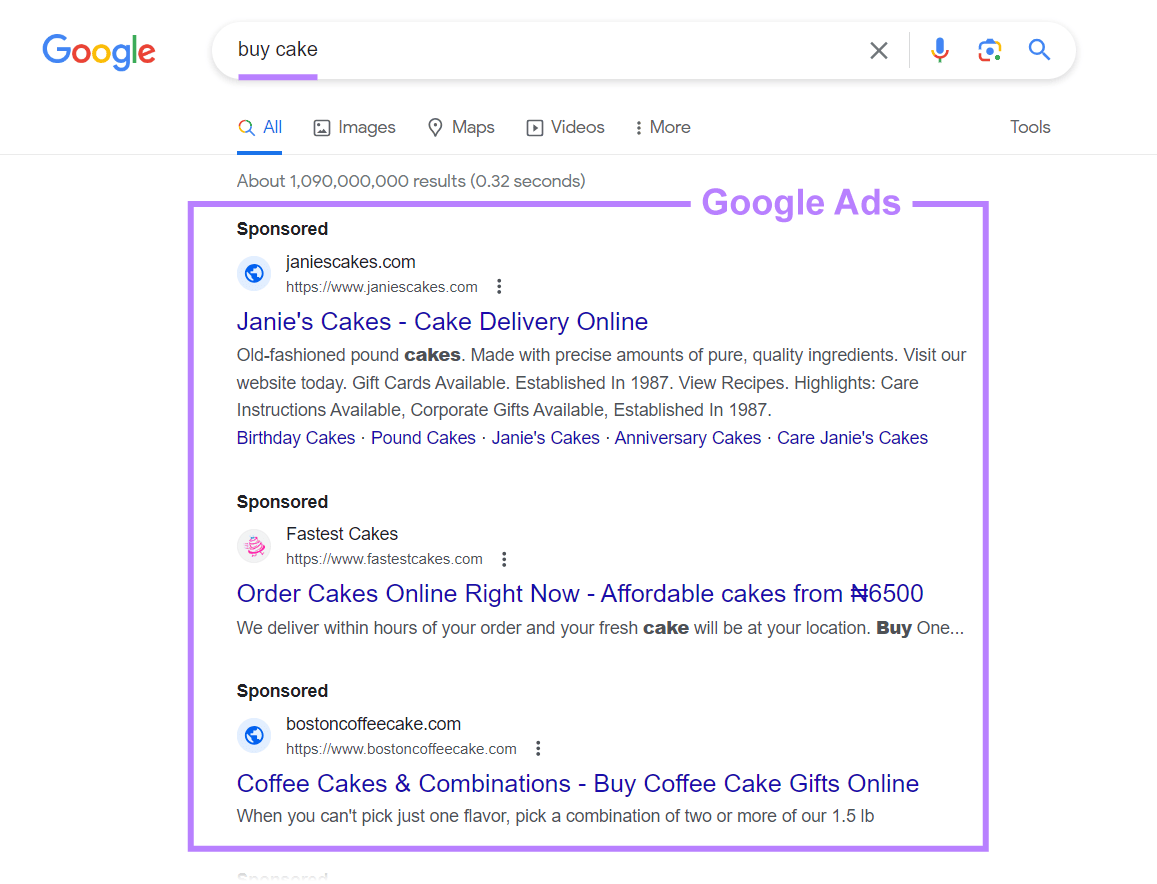 Google Ads for "buy cake" query on SERP