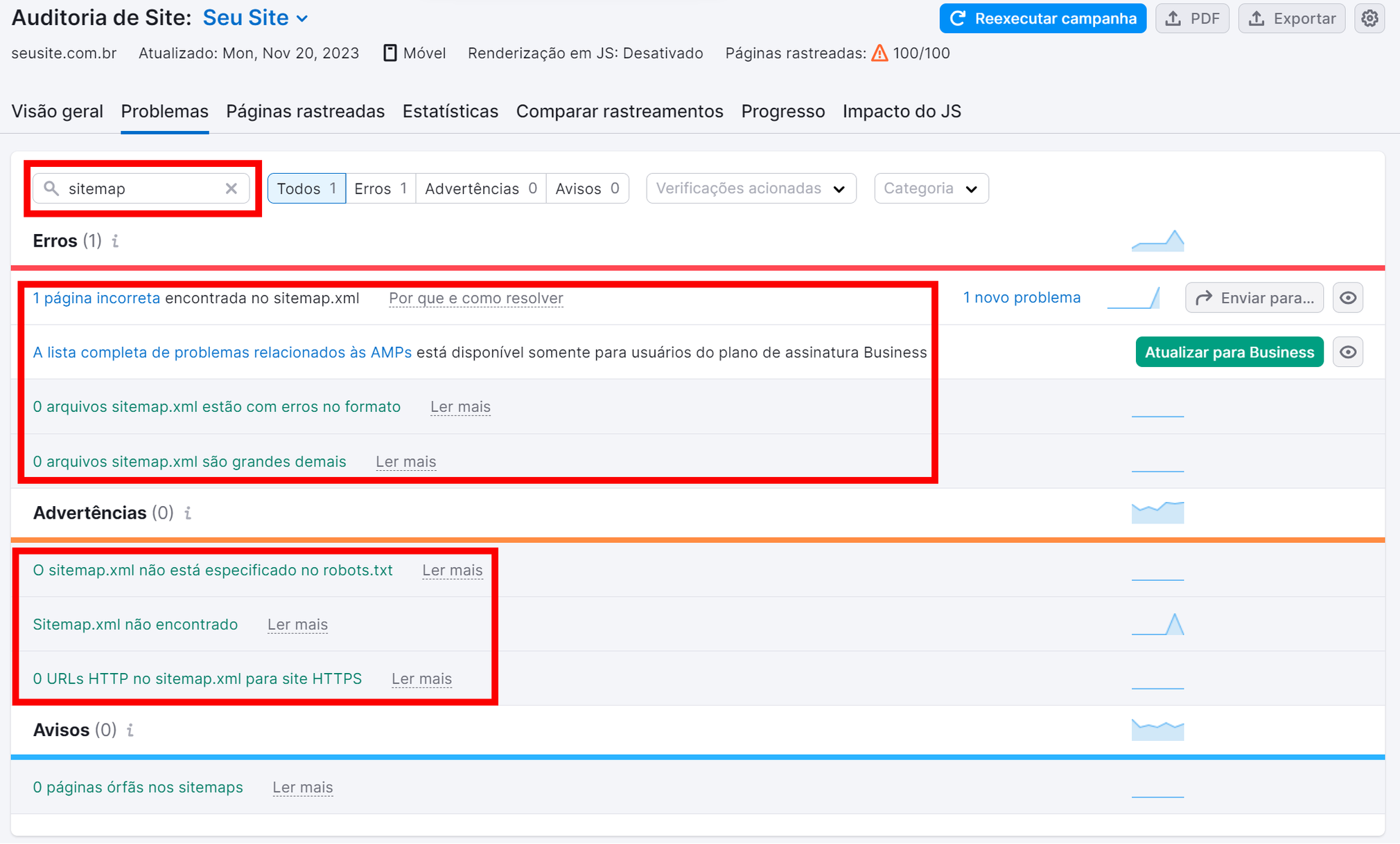 procurando erros de sitemap na aba problemas da ferramenta auditoria de site