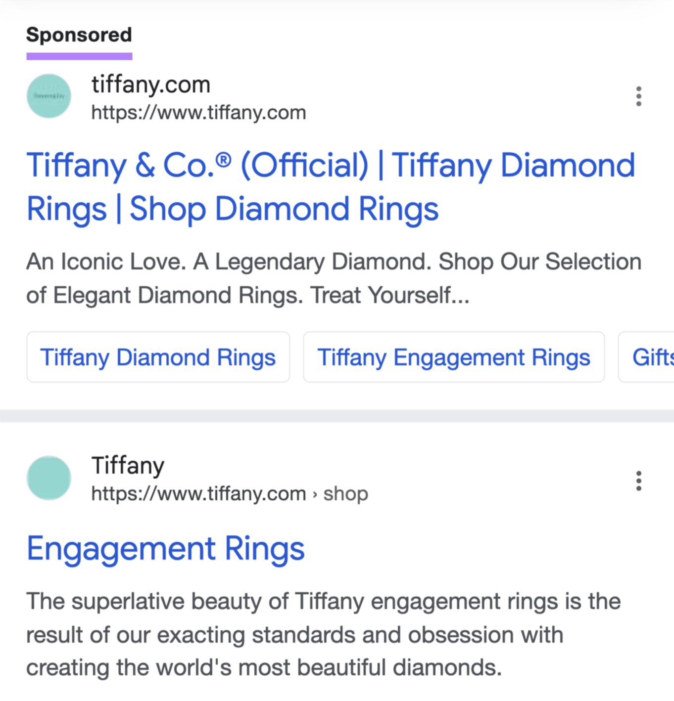 mobile search results for "tiffany diamond ring" shows a sponsored ad for the brand and an organic results for engagement ring shopping for the brand