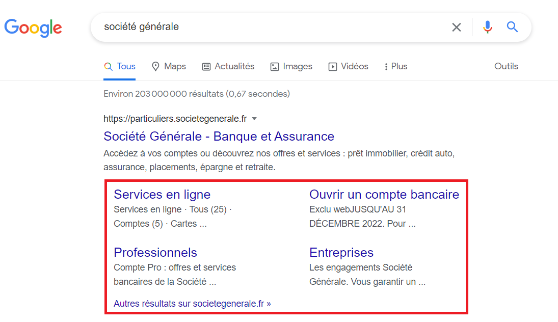 Exemple de sitelinks dans Google