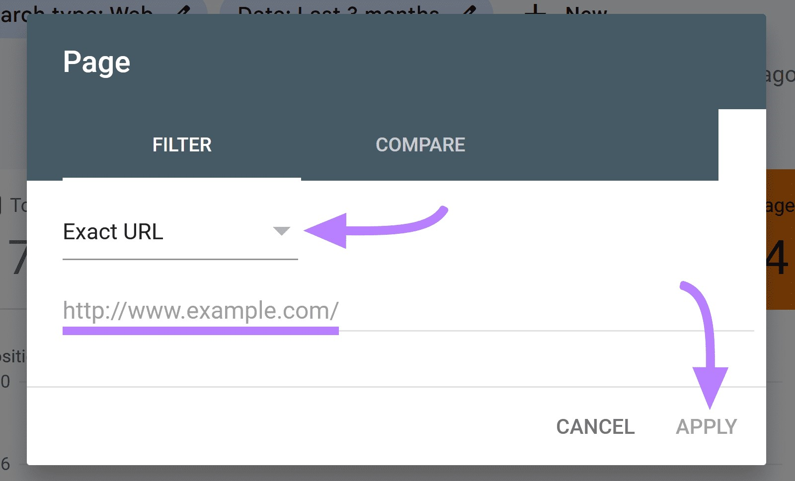 "URL exata" selecionada no menu suspenso e o botão "Aplicar" destacado