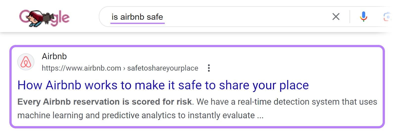 Airbnb's article on Google SERP for “is airbnb safe" query