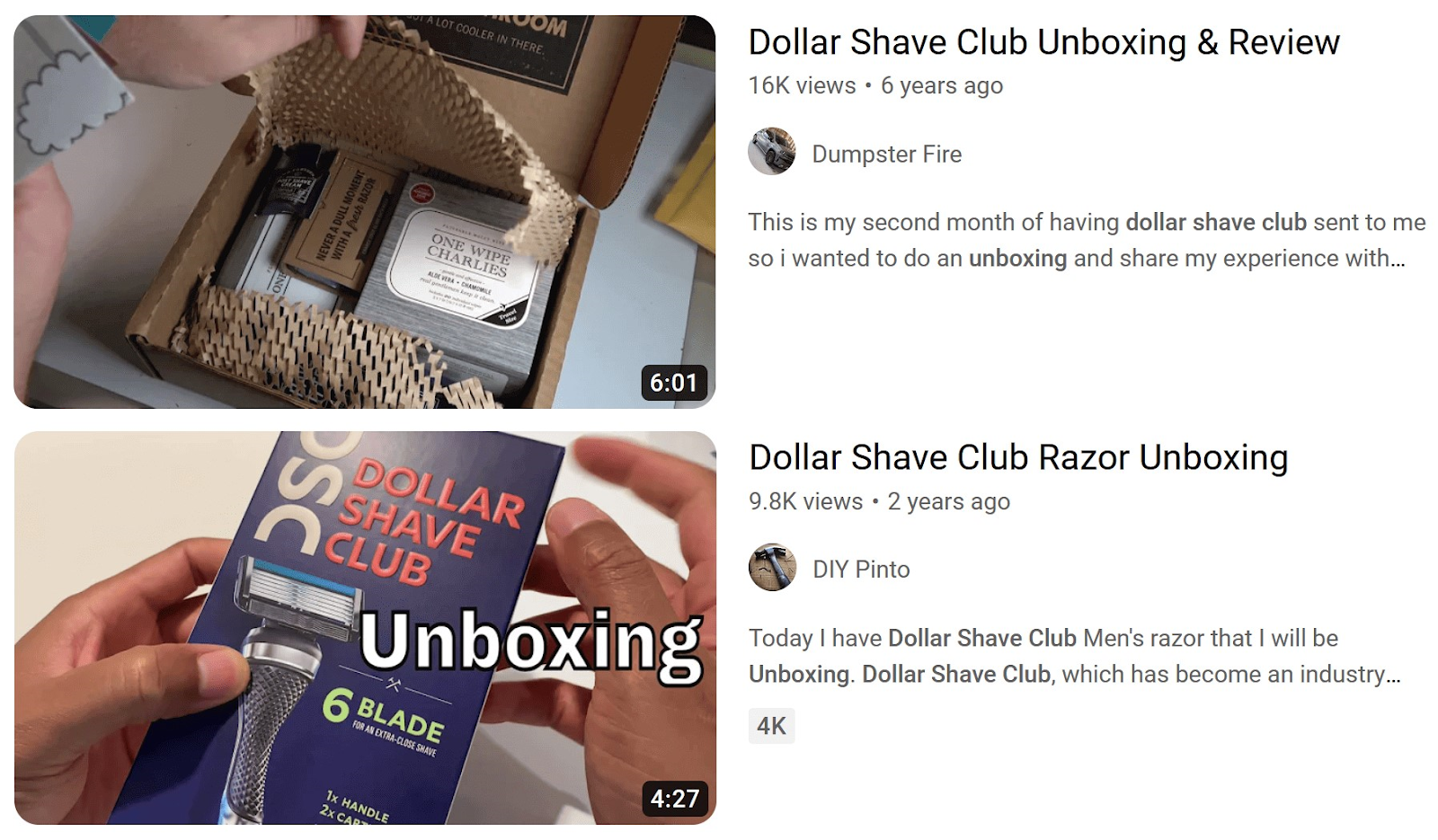 Vidéos de déballage du Dollar Shave Club sur YouTube