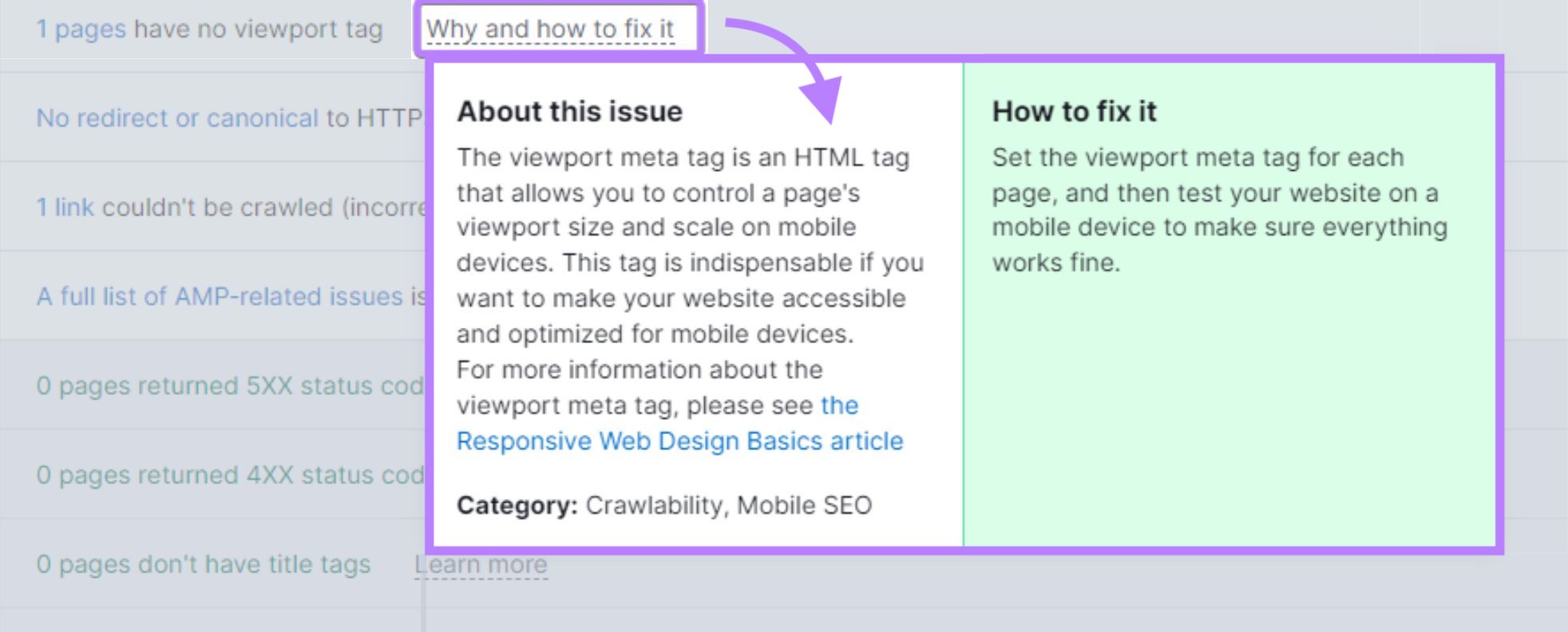 “Why and how to fix it” pop-up window in Site Audit