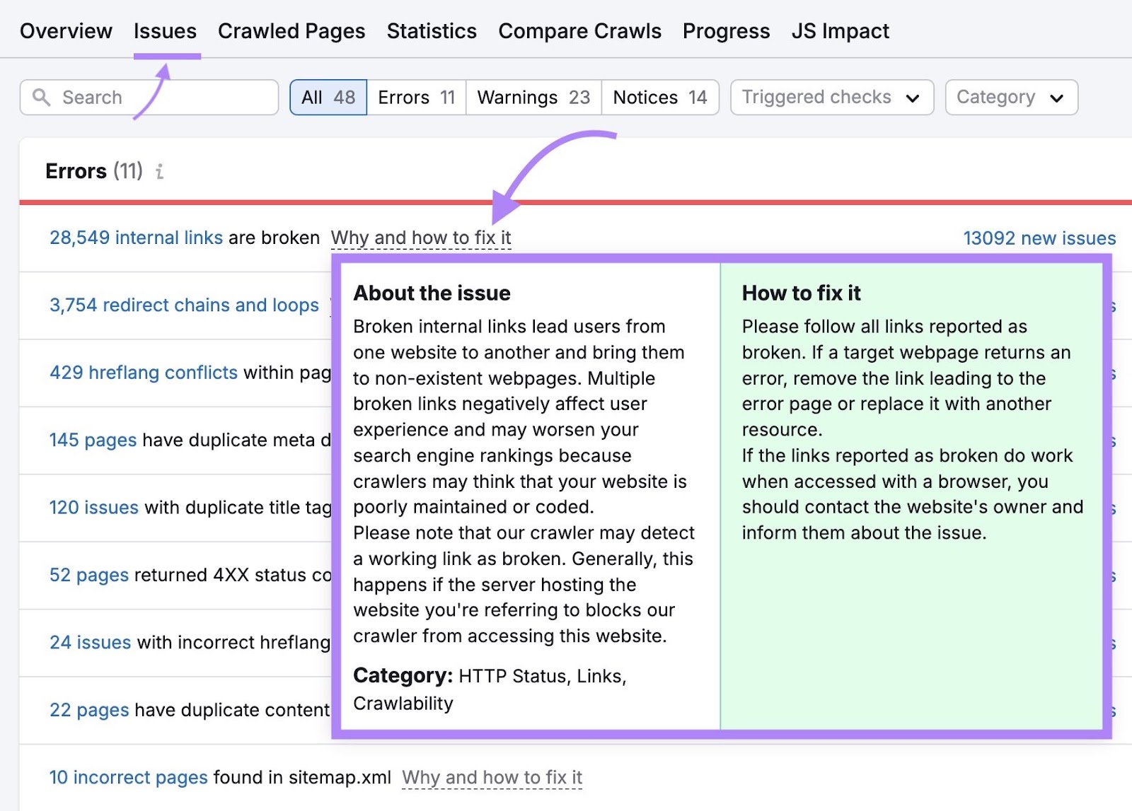 Site Audit Issues tab showing a database  of website errors, warnings, and notices with the "Why and however  to hole  it" adjacent  to an contented   clicked and highlighted.