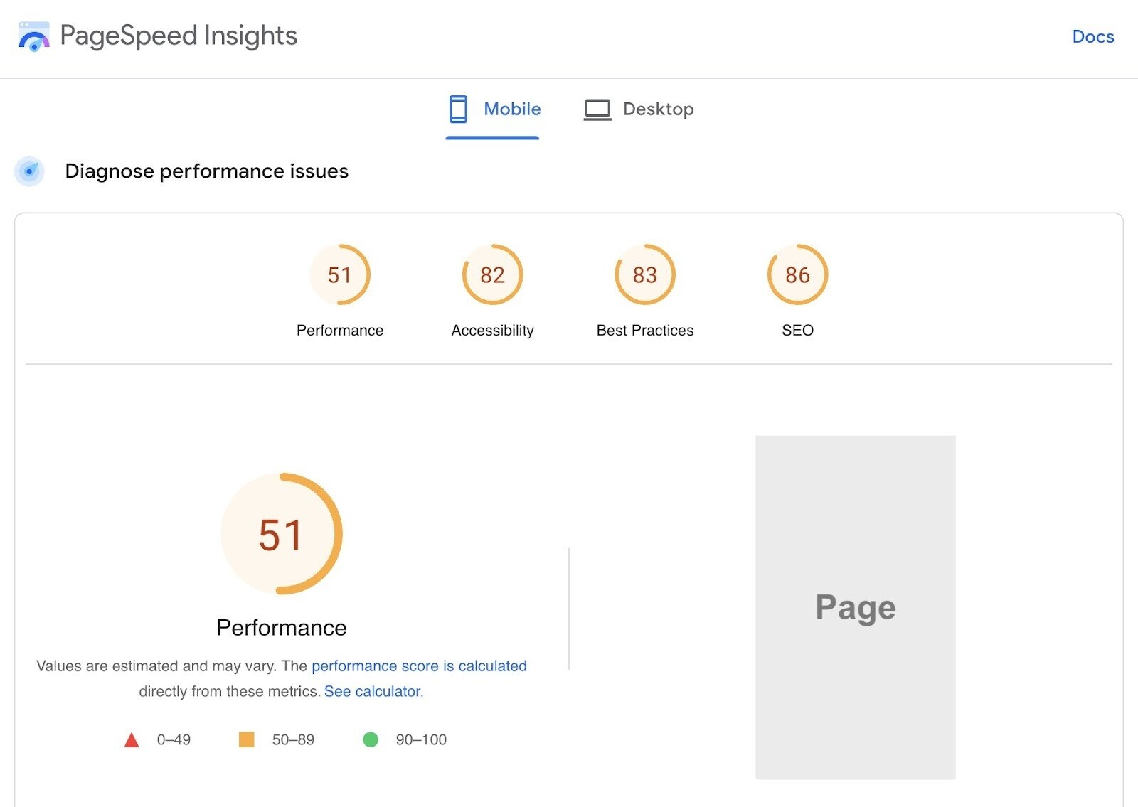 PageSpeed Insights main areas overview