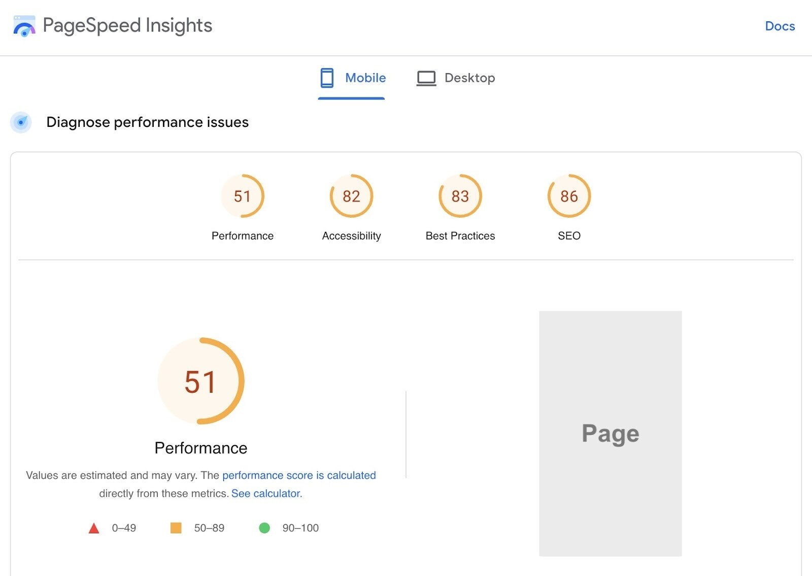 Aperçu des principales zones de PageSpeed Insights