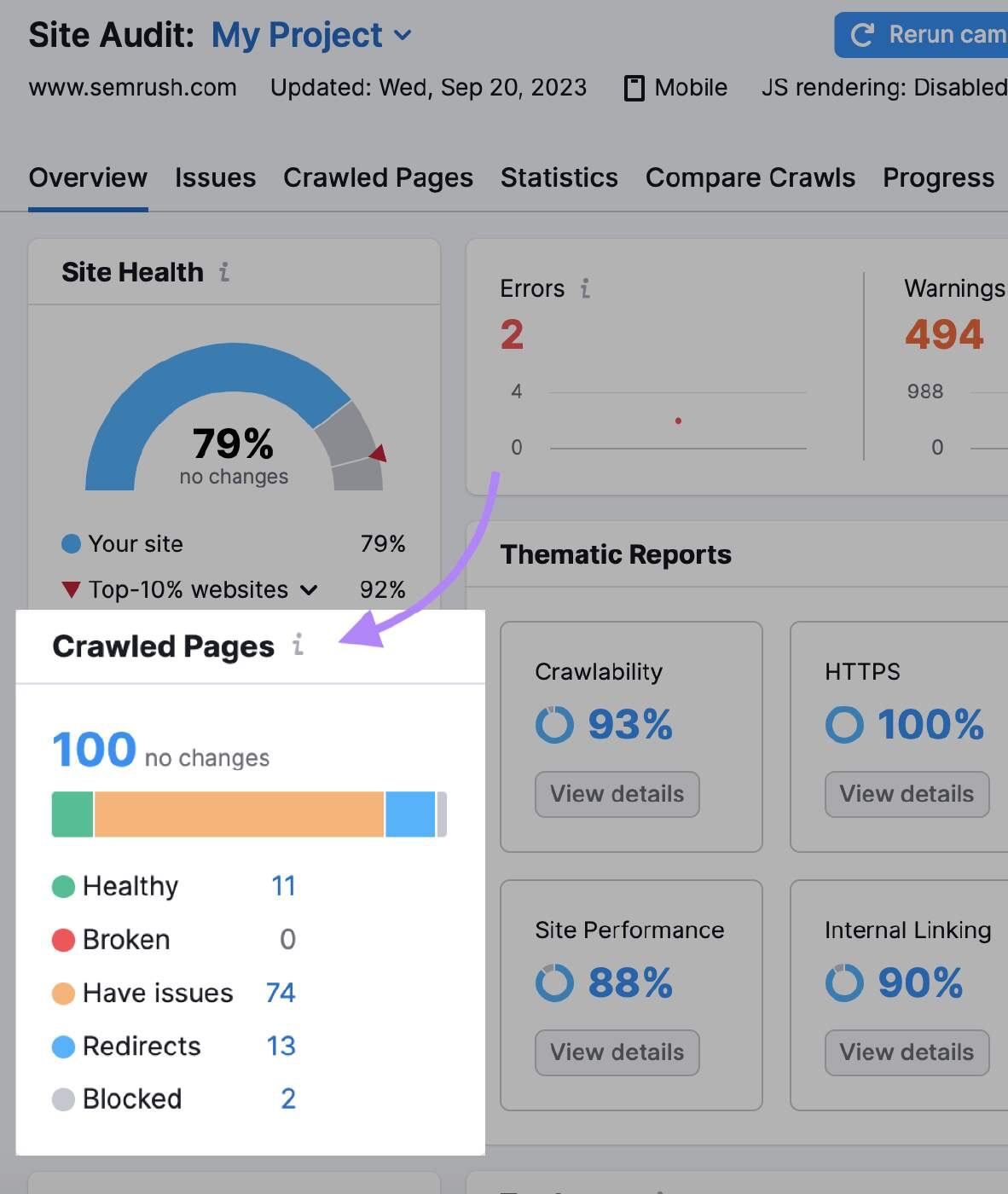“Crawled Pages” widget in Site Audit overview report
