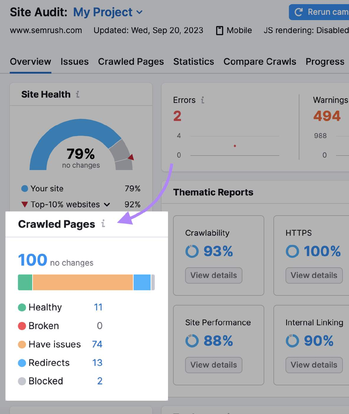 Widget "Páginas rastreadas" en el informe general de Auditoría del Sitio