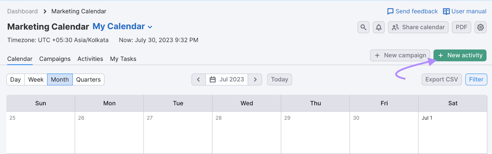 “+ New activity” button in Marketing Calendar