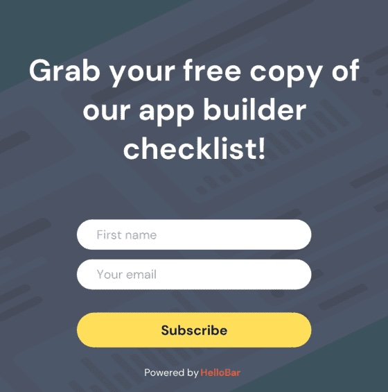 Hello Bar's CTA inviting users to grab a free copy of their app builder checklist