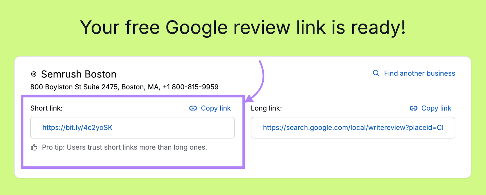 Google Review short link highlighted