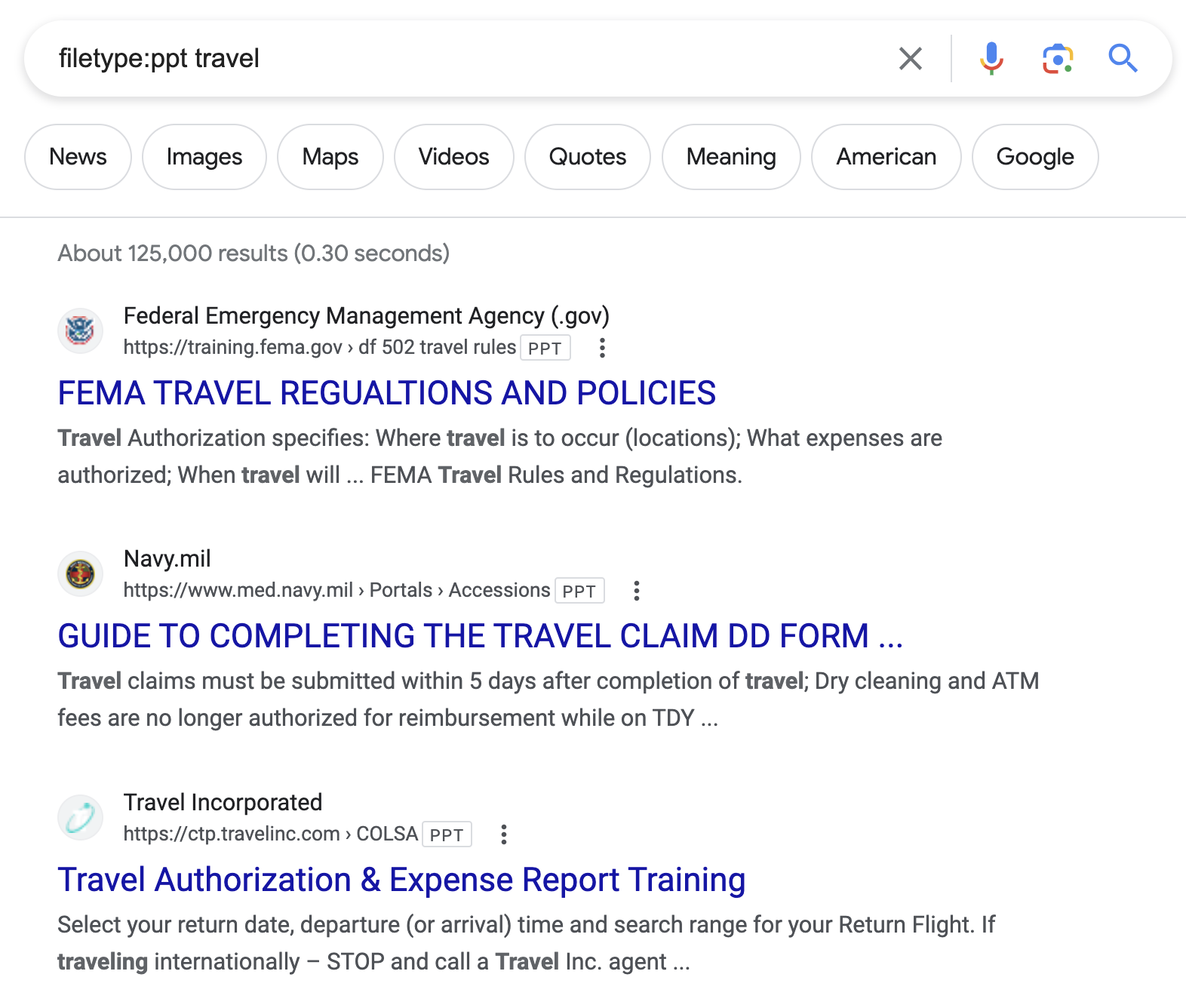 Google search results for “filetype:ppt travel”