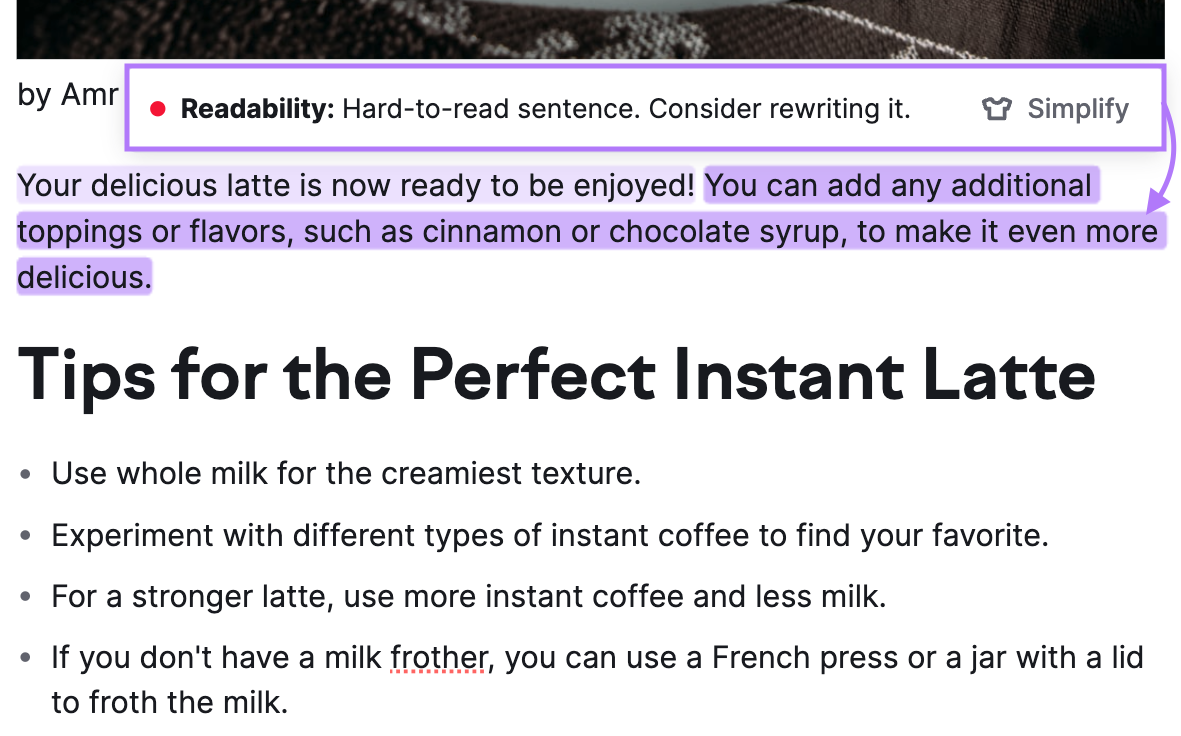 SEO Writing Assistant highlights hard-to-read sentences in purple
