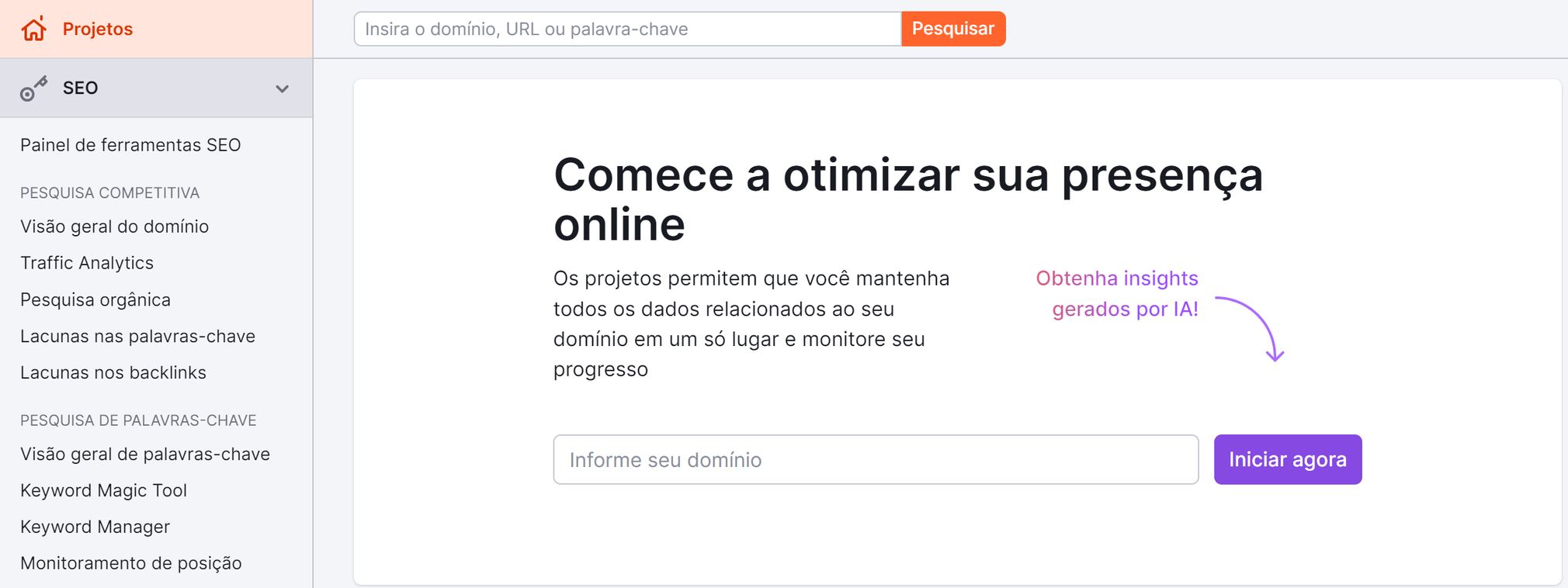 Criando um novo projeto na Semrush para usar oCopilot - Assistente de IA para SEO