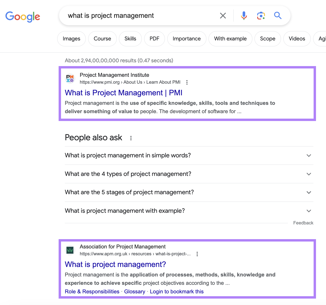 Google organic search results for "what is project management" query