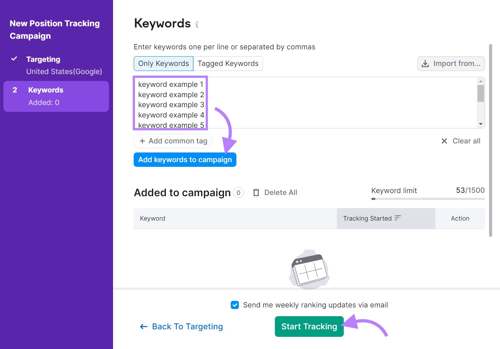 "Keywords" tab of the Position Tracking tool with the keywords and "Start Tracking" button highlighted.