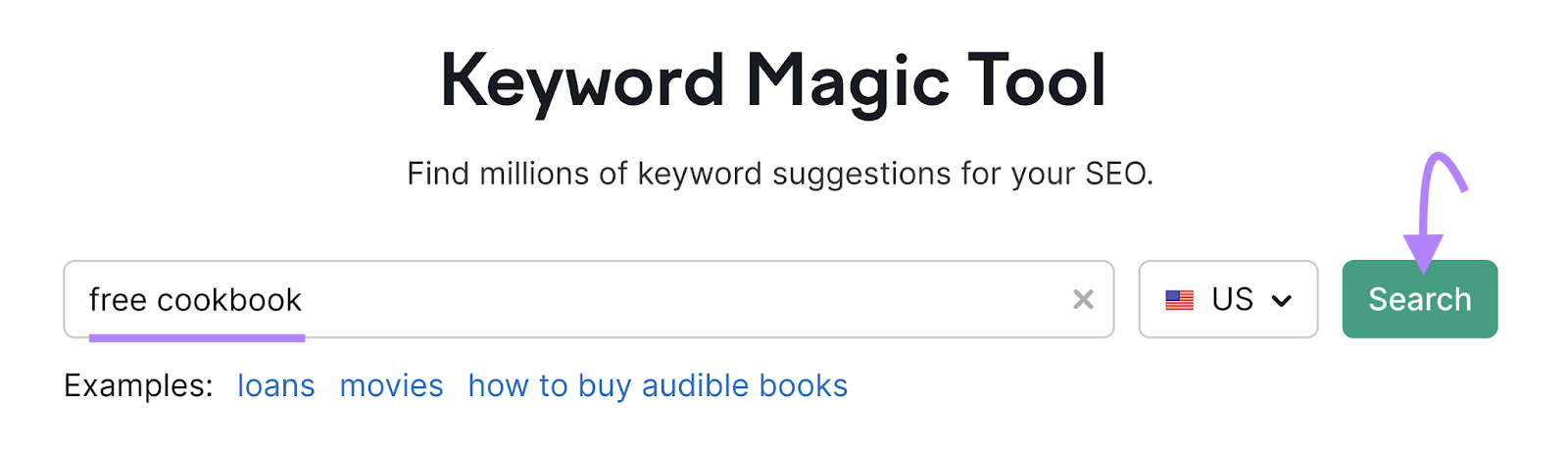 "free cookbook" keyword entered into the Keyword Magic Tool search bar