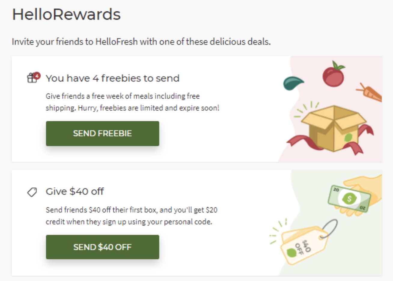 The reward program on the Hello Fresh website encouraging word-of-mouth marketing by offering referral discounts and deals.