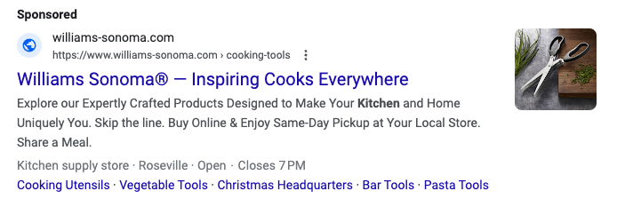 A PPC hunt  advertisement  connected  Google from Williams Sonoma