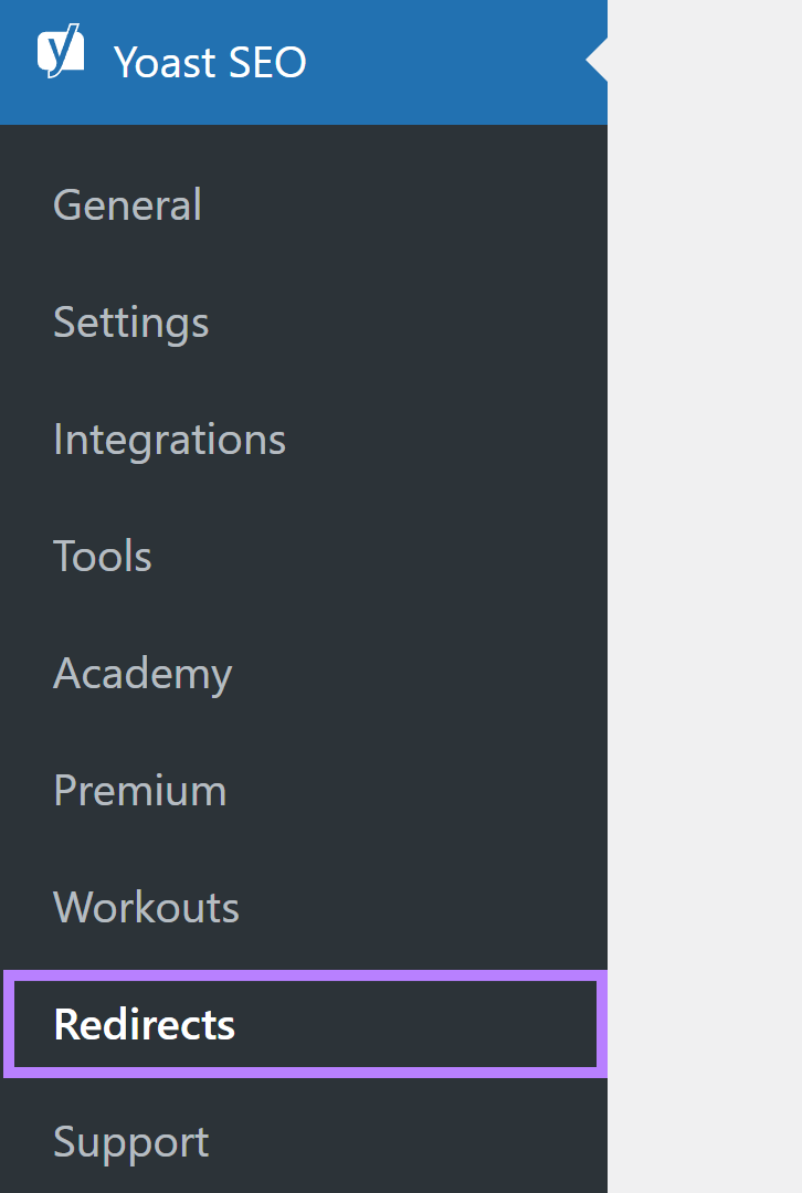 Yoast SEO WordPress plugin side menu showing redirects option.