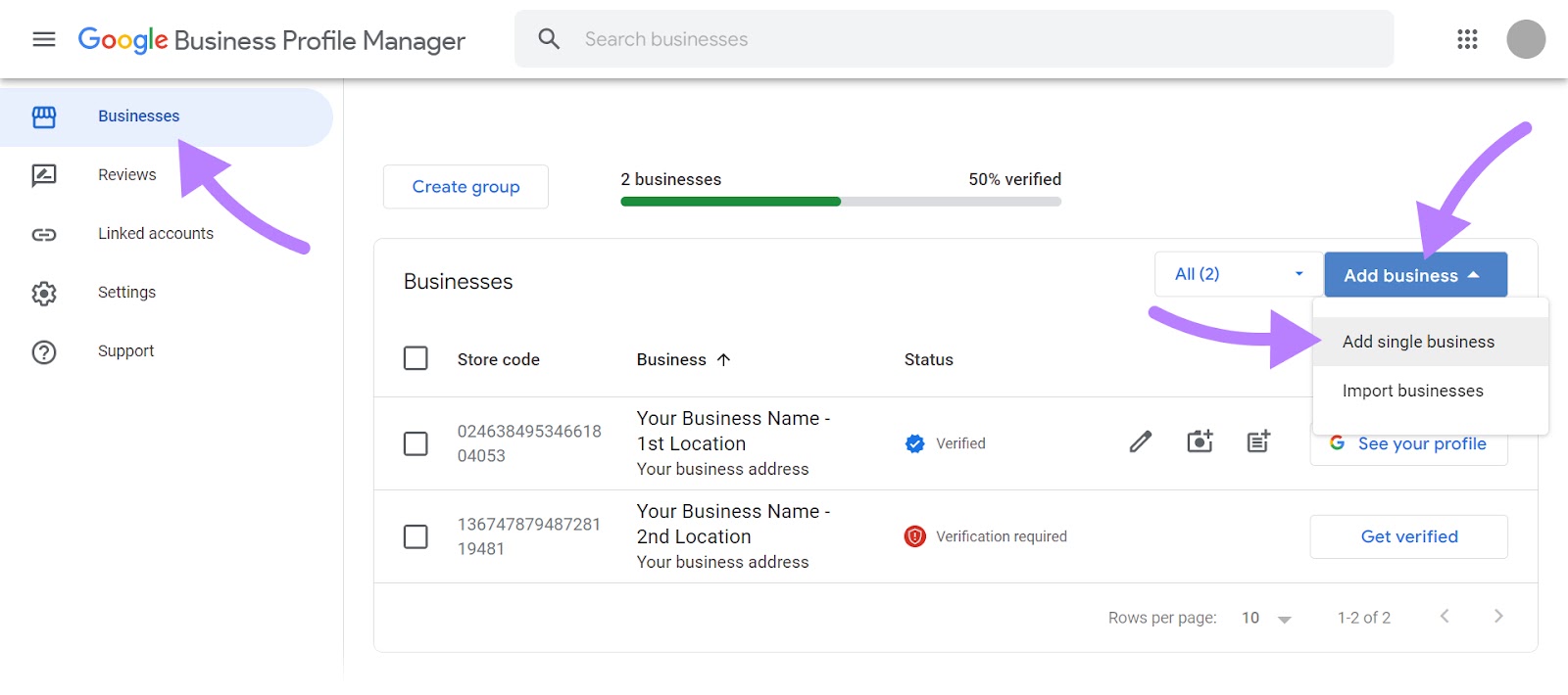 “Add azygous  business” selected successful  the “Businesses” tab of Google Business Profile Manager