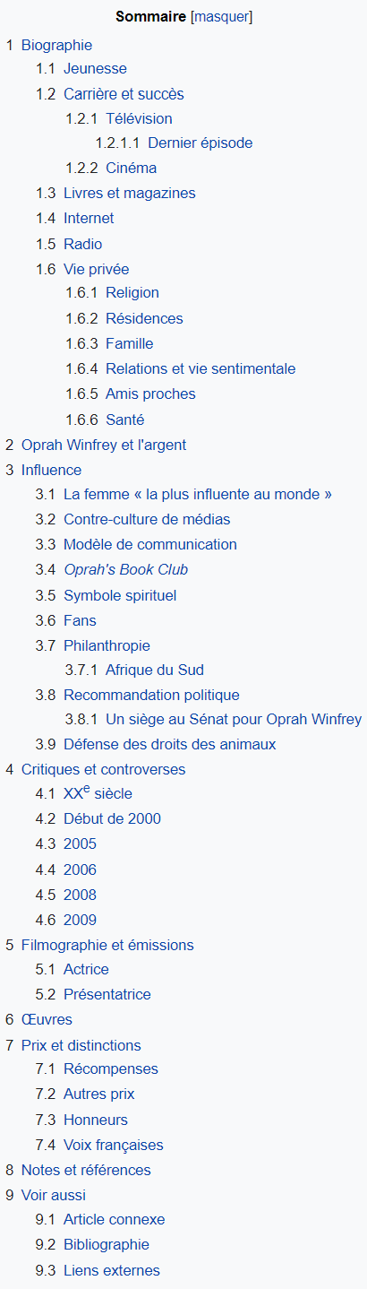 Oprah Winfrey, sommaire Wikipedia