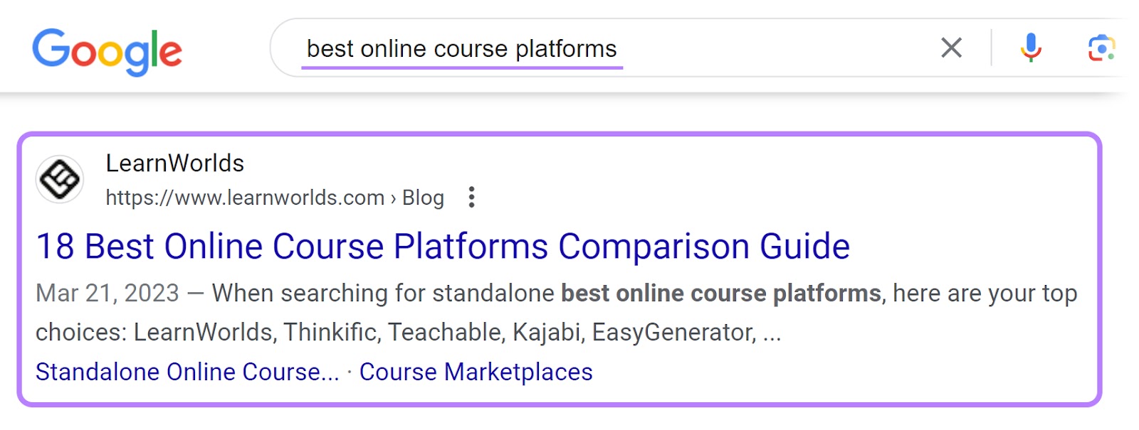LearnWorld's result on Google SERP for “best online course platforms” query