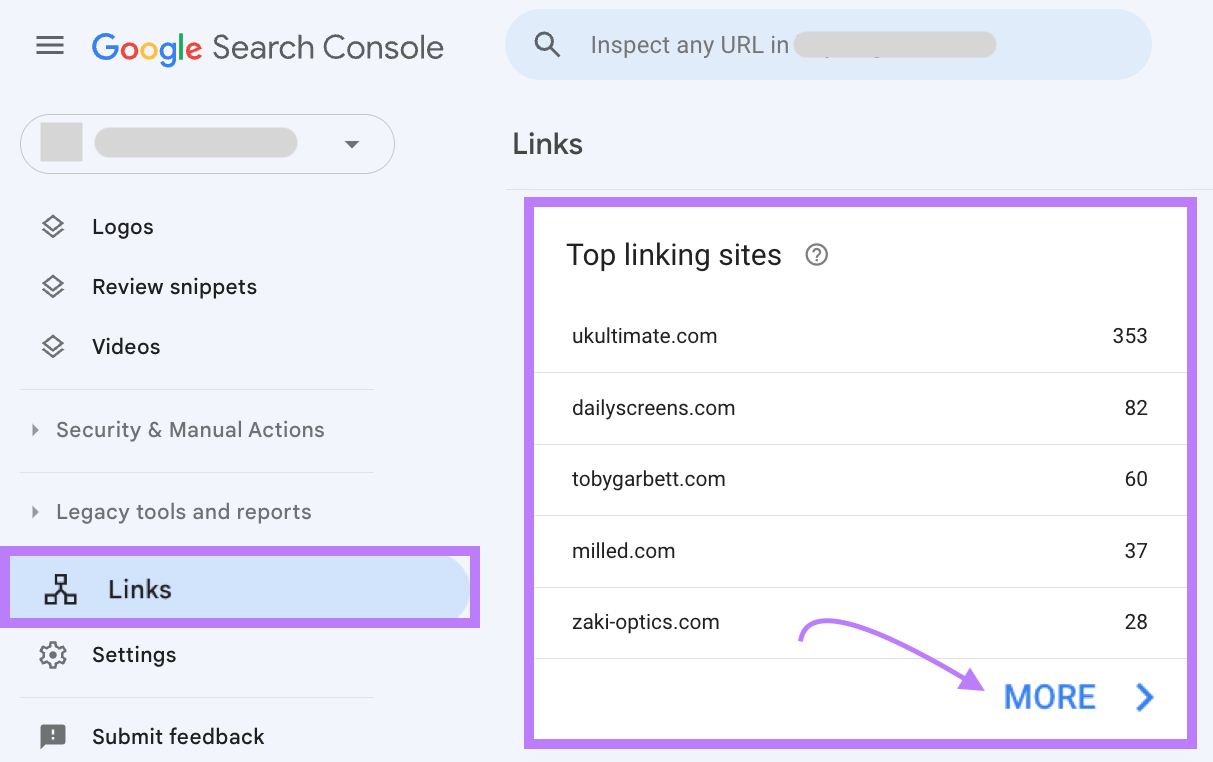 “Top linking sites” section in Google Search Console