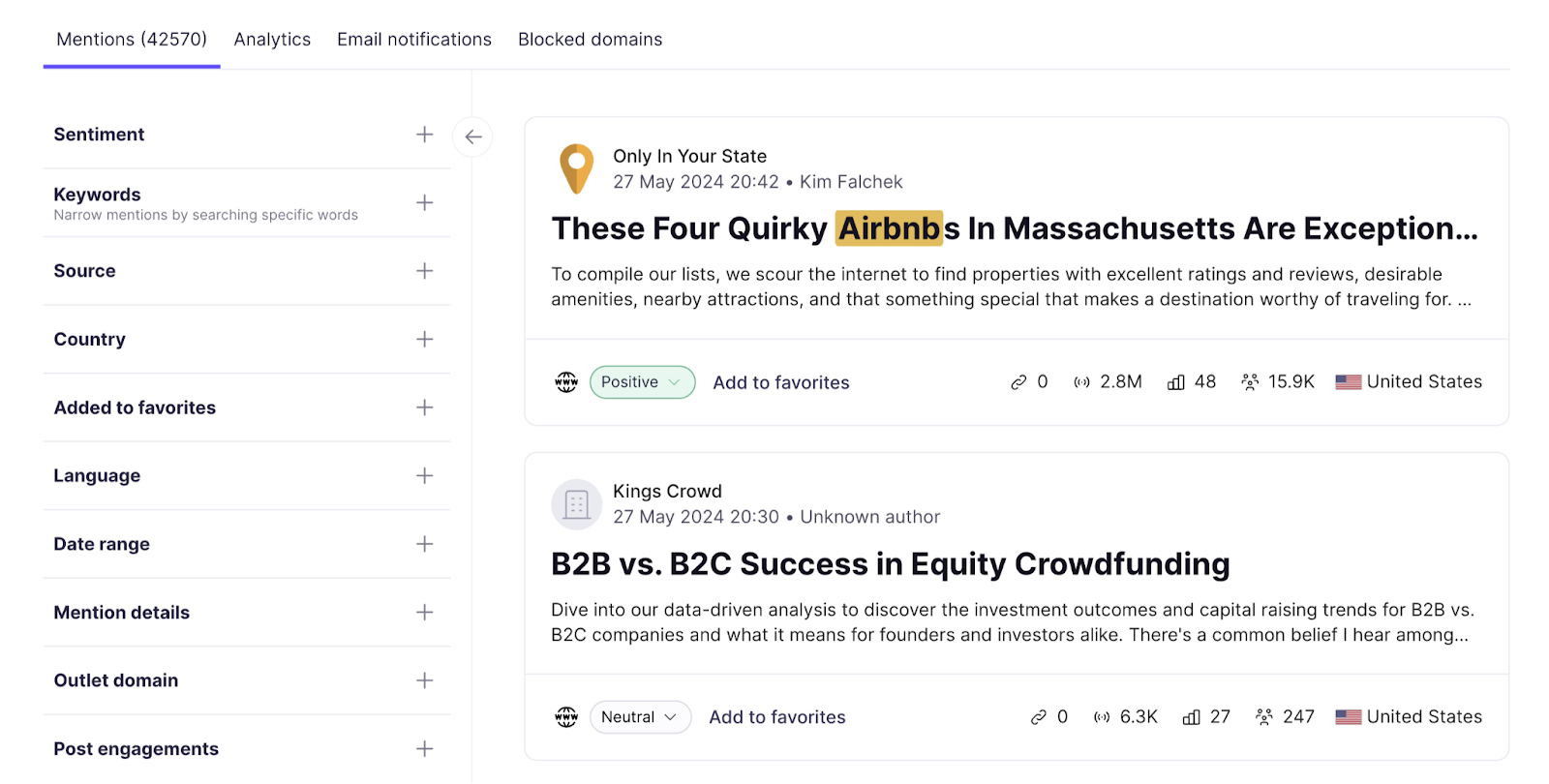 brand mentions report shows every time airbnb was mentioned across various sources