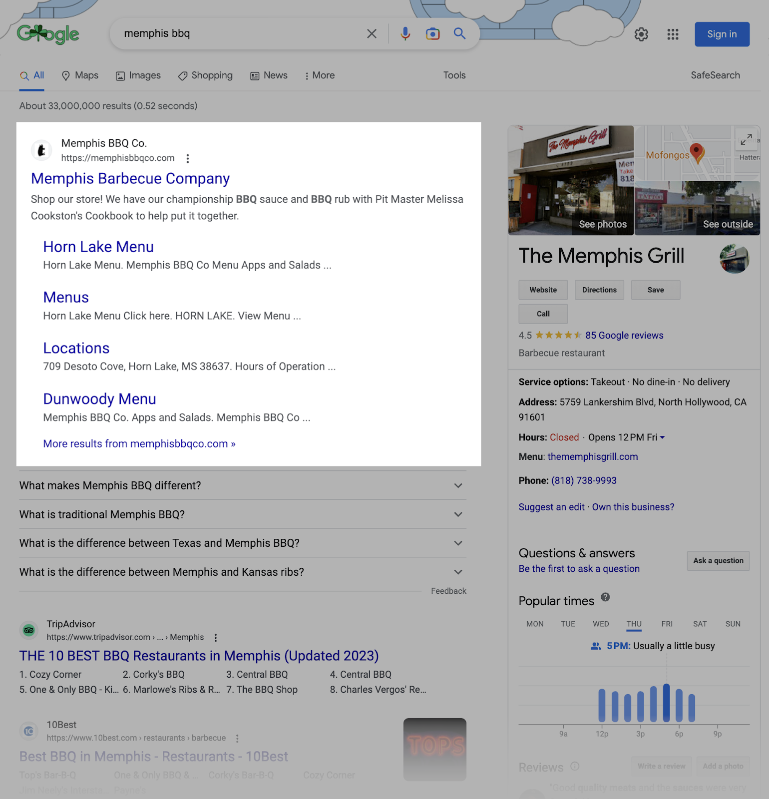 Memphis Barbecue Company’s website in Google SERP