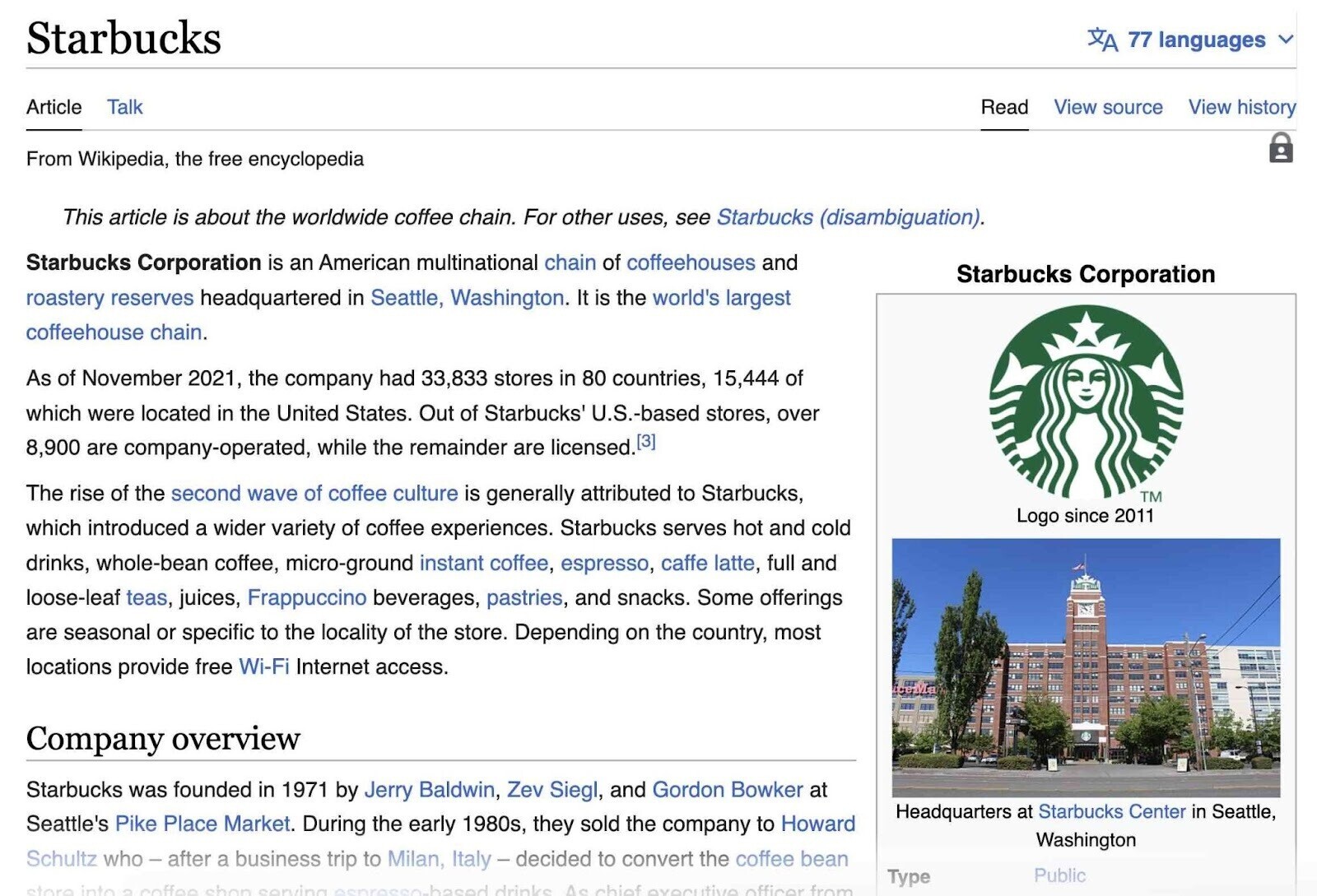 Wikipedia article about Starbucks