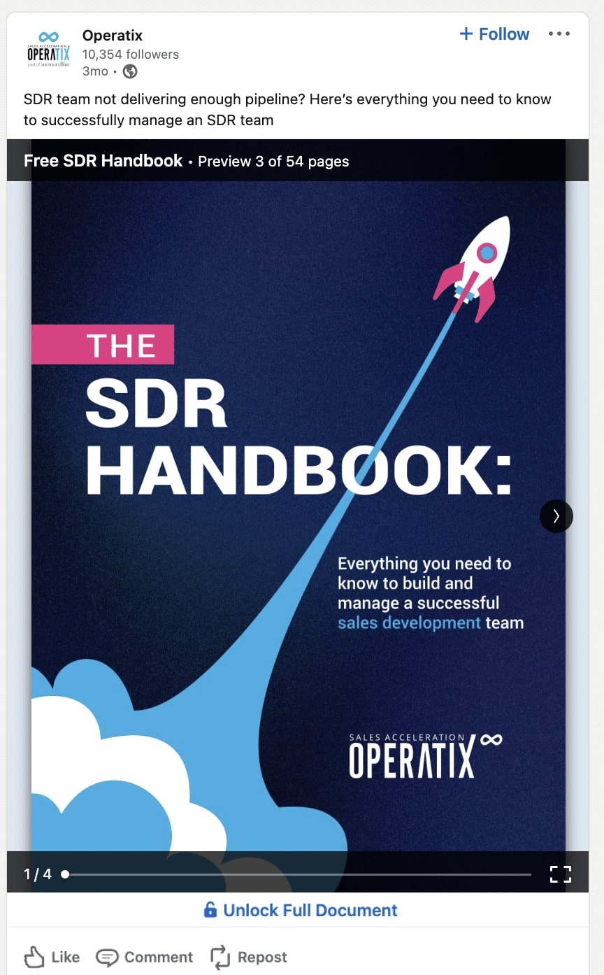 LinkedIn document ad for Operatix showing a free download of a SDR handbook